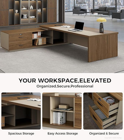 L-Shaped Executive Desk with Lockable Drawers – 79" Modern Large Executive Office Desk with LED, Lateral File Cabinet, Built-In Cable Box, Privacy Panel & Storage Shelves for Home or Business, Left