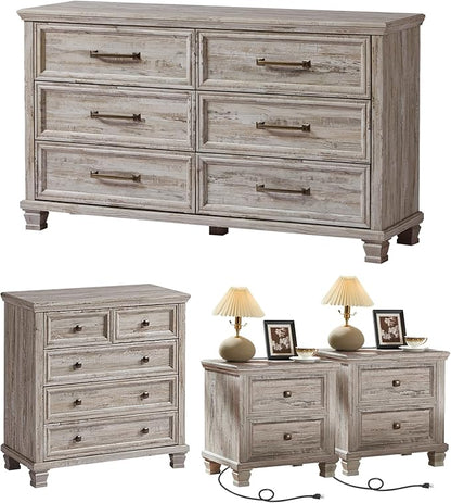 Farmhouse Bedroom Dresser and Nightstand Set of 4, 6 Drawer Low & 5 Drawers Dresser & 2 Drawer Nightstand Set, Rustic Wood Bedroom Furniture Set for Livingroom, Hallway, Grey
