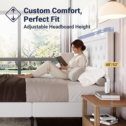 Allewie Queen Size Velvet Upholstered Bed Frame with Adjustable Headboard, Diamond Tufted Design, Wood Slat Support, Noise-Free EVA Strip, Easy Assembly, White