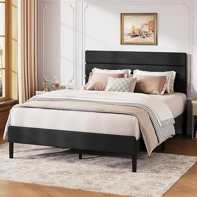 WLIVE Full Size Upholstered Bed Frame, Velvet Square Tufted Headboard,Sturdy Metal & Wooden Slats Support, No Box Spring Needed, Black