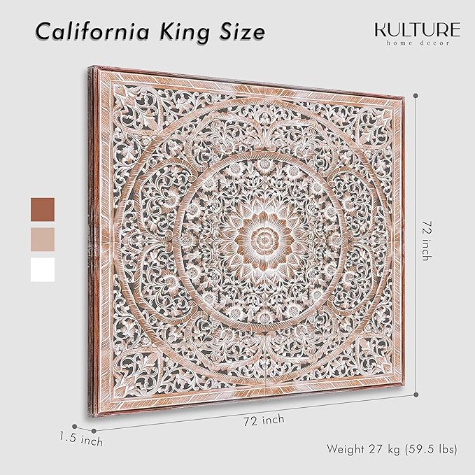 King Wood Bed Headboard Rustic | Carved Full Head Board Only | Wooden Decor Full Size Bed | Wall Mount Wood Art King or Queen (Manusa Antic, California King)