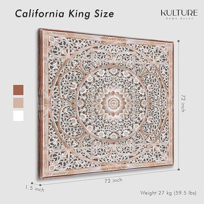 King Wood Bed Headboard Rustic | Carved Full Head Board Only | Wooden Decor Full Size Bed | Wall Mount Wood Art King or Queen (Manusa Antic, California King)