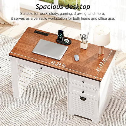 47" Home Office Desks, Executive Desk, Farmhouse Computer Desk with Drawers and Charging Station, File Drawer, Storage Cabinet, Rustic Computer Writing Desk,Antique White