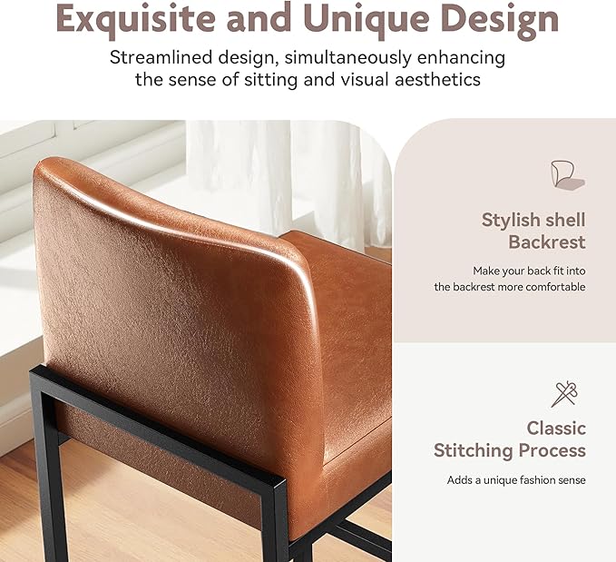 ALPHA HOME 24 Inch Bar Stools Set of 2, Kitchen Counter Stools with Backs, PU Leather Barstools, Kitchen Stools with Back&Upholstered Footrest, Sturdy Chromed Metal Steel Frame, Brown