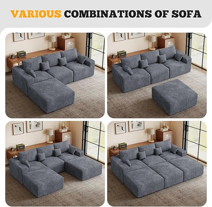 113" Modular Sectional Sofa, Convertible L-Shaped Cloud Couches for Living Room with Ottoman, 4 Seater Corduroy Boneless Couch Sofa Set, No Assembly Required, Grey 1 PCS
