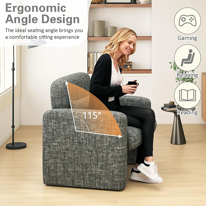 LSSPAID Modern Accent Chairs, Chenille Fabric Armchairs for Living Room, Comfy Upholstered Leisure Single Sofa Chair with Lumbar Pillow for Bedroom, Balcony, Office (Charcoal, Set of 1)