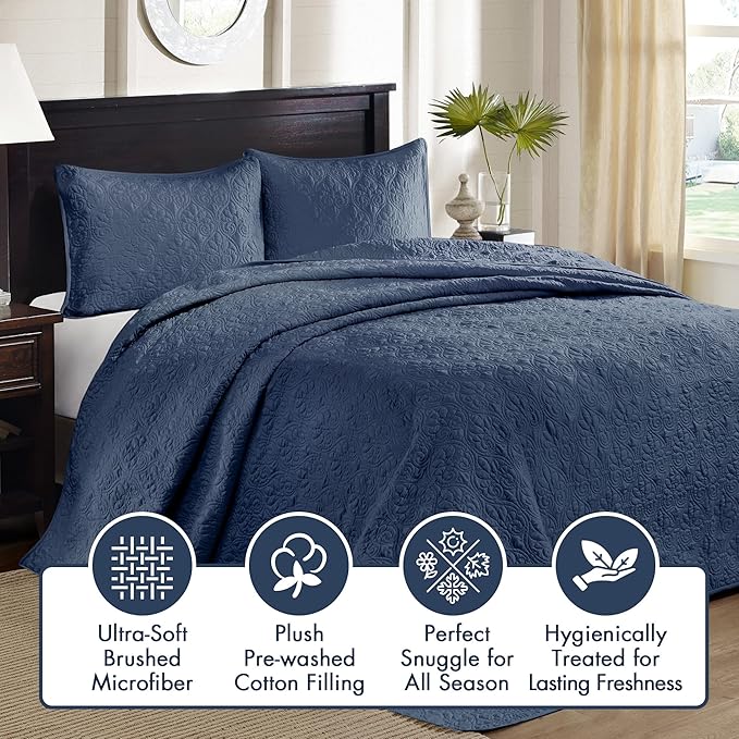 Madison Park Quebec King Size Quilt Bedding Set - Navy , Damask – 3 Piece Bedding Quilt Coverlets – Ultra Soft Microfiber Bed Quilts Quilted Coverlet