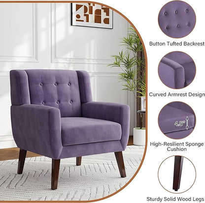 Lumibee Accent Chairs Set of 2, Velevet Fabric Armchairs for Living Room, Comfy Upholstered Arm Chairs Tufted for Indoor Bedroom Office Room (Purple Velvet)