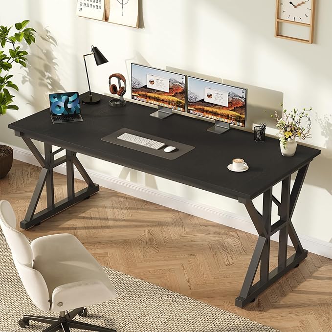 TVU 63-Inch Executive Desk, Large Office Desk with Thicken Frame, Computer Desk Modern Simple Desk for Home Office, Black
