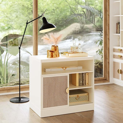 Modern Wood Accent Cabinet with Sliding Door, Adjustable Open Shelves & Gold Handle Storage Cabinet for Home Office, 31W*20D*29H, White Rattan
