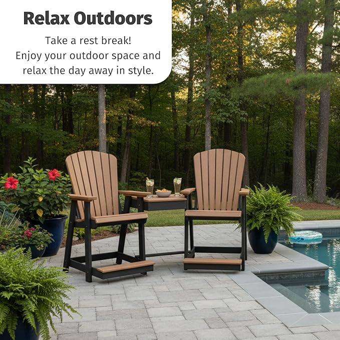 DutchCrafters Slat Fan Back Double Poly Adirondack Patio Chairs with Center Table (White & Weatherwood)