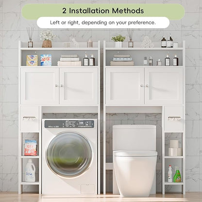 MU Over The Toilet Storage Cabinet with Doors, 32" Bathroom Storage Organizer with Side Shelves, Space-Saving Toilet Storage Rack for Bathroom, Laundry (White)