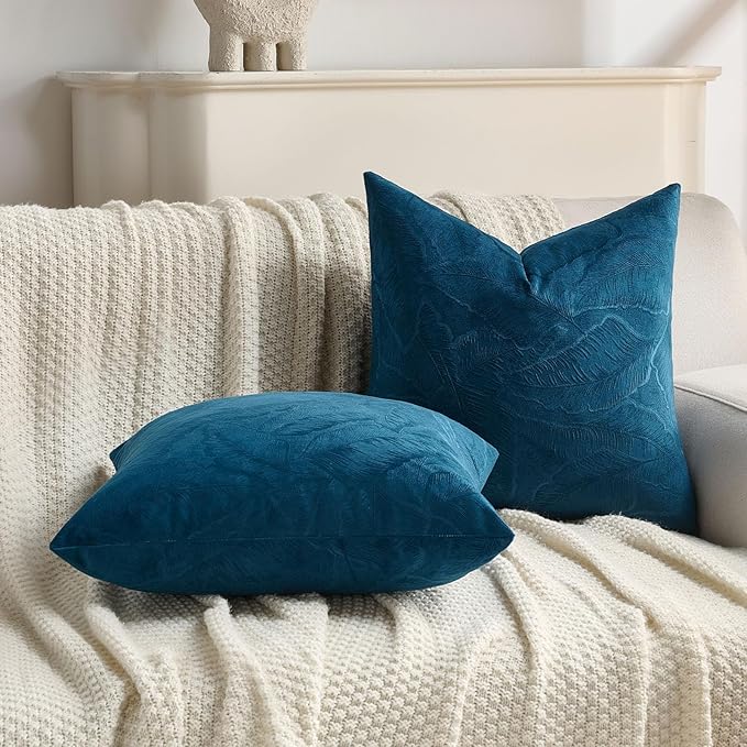 FUTEI Navy Blue Velvet Throw Pillow Covers 24x24 Inch Set of 2,Soft Embossed Leaf-Relief Textured European Cushion Cases,Natural Home Decor for Couch Living Room
