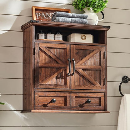 ACCOHOHO Bathroom Wall Cabinet, Farmhouse Medicine Cabinet, 24" Wide Cabinet with Drawer, Adjustable Shelf, Double Barn Doors, Storage Cabinet for Bathroom, Kitchen, Living Room, Brown
