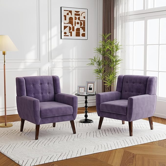 Lumibee Accent Chairs Set of 2, Velevet Fabric Armchairs for Living Room, Comfy Upholstered Arm Chairs Tufted for Indoor Bedroom Office Room (Purple Velvet)