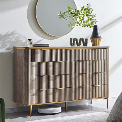 T4TREAM Fluted 9 Drawers Dresser for Bedroom, 54" Wide Modern Dresser TV Stand, Gold Accents, Curved Profile, Wood Storage Dressers Organizer for Bedroom, Living Room, Alder Grey