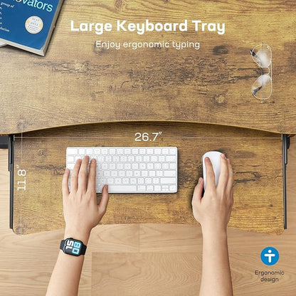 HUANUO 48" x 26" Electric Standing Desk with 2 Drawers & 26.7" Large Keyboard Tray, C-Clamp Mount Compatible, Adjustable Computer Desk for Home Office, Stand Up Desk with 4 Height Presets, Vintage