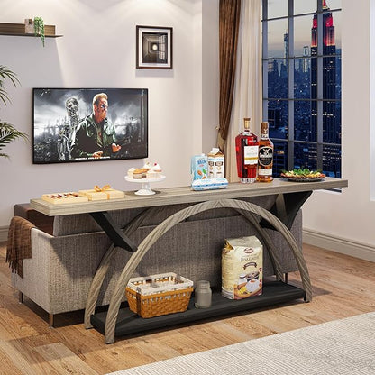 Tribesigns 70.87" Console Table with Storage Shelf, Narrow Long Sofa Table Behind Couch Table, 2-Tier Rustic Entryway Table with Half Moon Frame for Hallway Living Room, Gray & Black (Gray & Black)