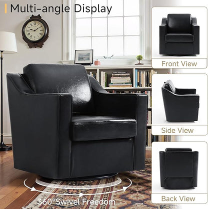 Pia Ricco Set of 2: Modern Oversized Faux Leather Swivel Accent Chairs w/Removable Covers for Living Room, Reception Value Pack,Black