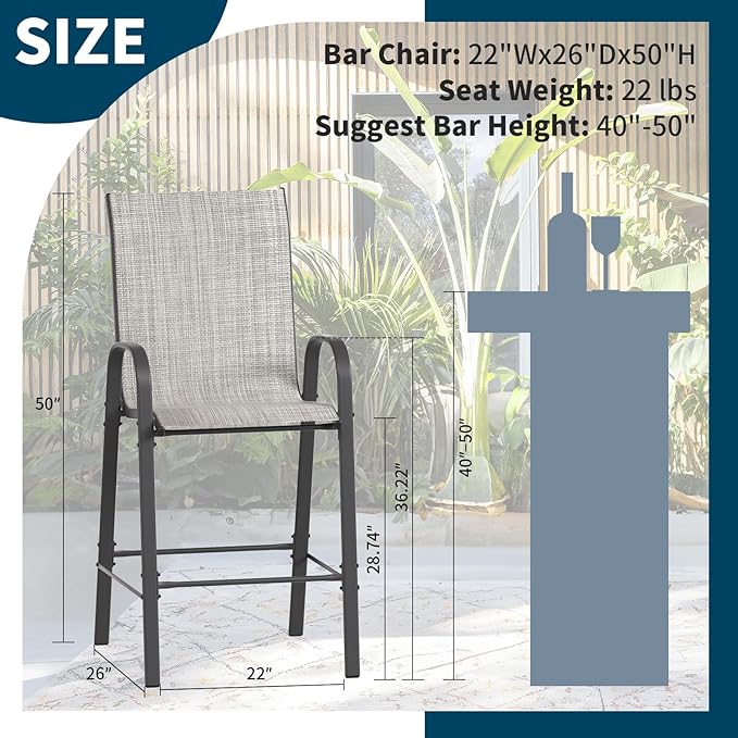 Amopatio Outdoor Stools Set of 8, Comfortable High Back Patio Chairs, All-Weather Textile Patio Bar Stools, Sturdy for Backyard, Porch, Balcony, Light Grey
