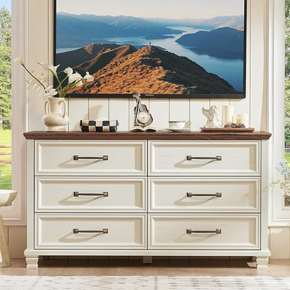 Farmhouse Bedroom Dresser and Nightstand Set of 4, 6 Drawer Low & 5 Drawers Dresser & 2 Drawer Nightstand Set, Rustic Wood Bedroom Furniture Set for Livingroom, Hallway, White