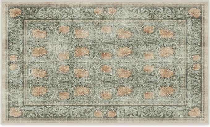 RUGGABLE x Morris & Co Washable Area Rug – Pimpernel Vintage Green 3x5, Stain-Resistant, Non-Slip – Small Machine Washable Rugs for Living Room, Bedroom, Hallway, Entryway & Office–with Standard Pad
