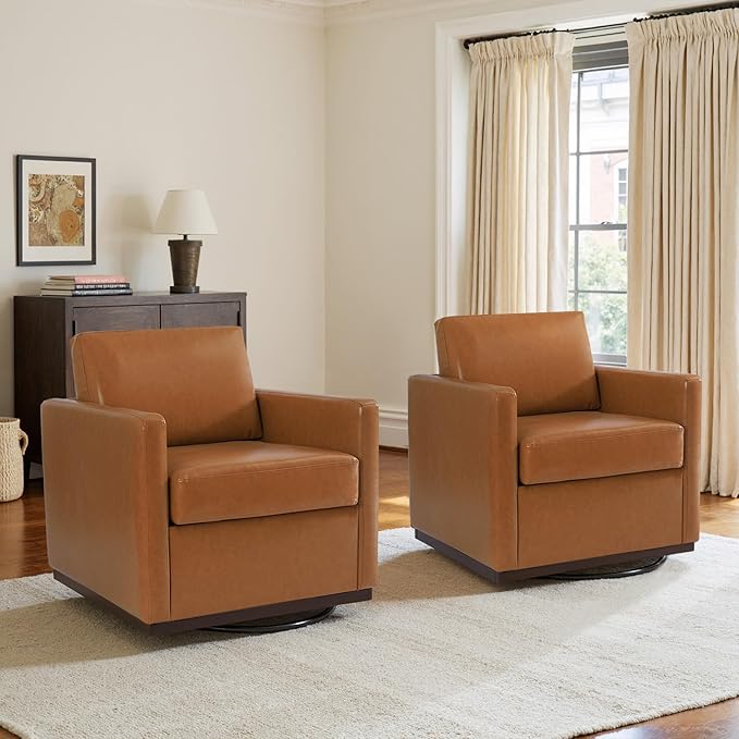 UIXE Faux Leather Swivel Accent Chairs Set of 2, Upholstered Armchair Comfy Club Chair for Living Room, Mid Century Modern Arm Chair Single Sofa Nook Bedroom Side Reading Seat - Light Brown