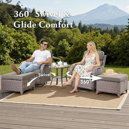 Belord Luxury 6" Thick Cushioned 5 Pieces Patio Furniture Set with 2 Ottomans, Wicker Outdoor Conversation Set with High Back Swivel Rocker Patio Chairs for Deck Porch Yard and Poolside - Brown+Grey