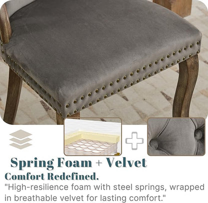 Velvet Dining Chairs Set of 6, Solid Wood Handles, Wooden Upholstered Dining Chair, Vintage Copper Nail Decoration, Mid Century Modern Kitchen Chair (Grey, Set of 6)