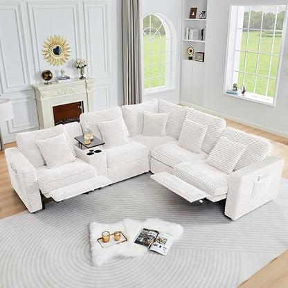 ORRD Power Reclining Sectional Sofa, Electric 3 Seat Recliner with 3 Electric Footrest and Adjustable Headrest, Modern Plush Corduroy Fluffy Reclining Sectional with Deep Seat for Living Room-White