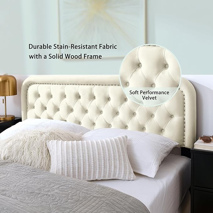 Tufted Upholstered Headboard,Button Solid Wood HeadBoards with Adjustable Height,Modern Performance Velvet Bed Head Boards,Easy Install&Nailhead (Beige, King)