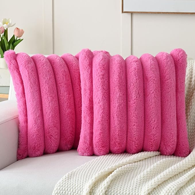 FUTEI Hot Pink Decorative Throw Pillow Covers 24x24 Inch Set of 2, Square Soft Faux Rabbit Fur Thick Striped European Cushion Covers,Winter Home Decor for Couch Bed Living Room