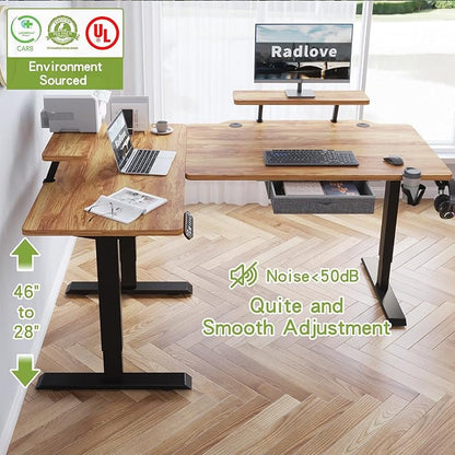 Radlove 63-Inch Large Electric Height Adjustable Computer L-Shaped Desk with Memory Controller Corner Standing Desk Modern Workstation with Splice Board Ergonomic Desk (Black Frame + Rustic Brown Top)