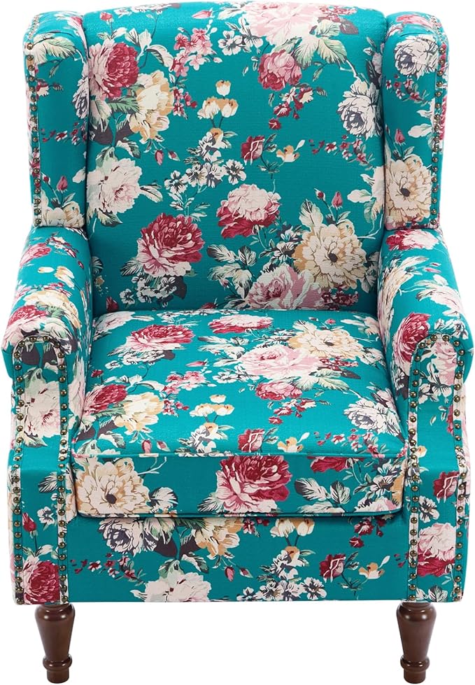 Pia Ricco Set of 2 Floral Accent Chairs, High Back Upholstered Armchairs with Retro Wingback Design, Nailhead Trim & Solid Wood Legs for Living Room Bedroom(Peacock Blue)
