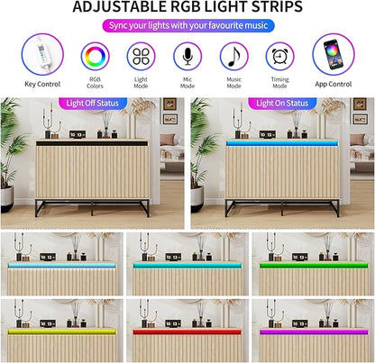 Fluted Sideboard Buffet Cabinet with Storage Wood Storage Cabinet with Doors and Adjustable Shelves LED Light, Modern Credenza for Kitchen, Dining Room, Living Room, Entryway (59" Oak, 1)