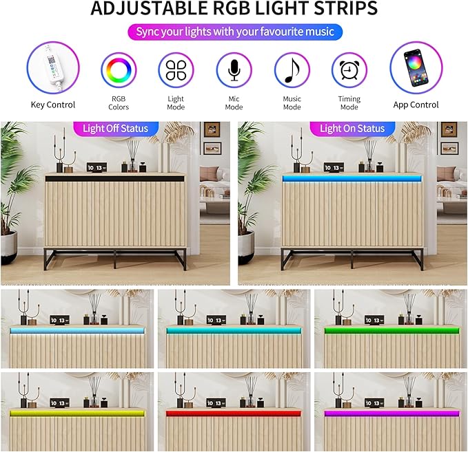 Fluted Sideboard Buffet Cabinet with Storage, 47" Wood Storage Cabinet with Doors and Adjustable Shelves LED Light, Modern Credenza for Kitchen, Dining Room, Living Room, Entryway, Oak
