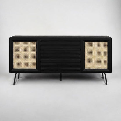 NTC MOSSIC Large Sideboard with 2 Doors and 3 Drawers, Buffet Cabinet with Natural Rattan and Metal Legs, Modern Storage Cabinet for Living Room, and Hallway, Effortless Assembly - Burnt Black