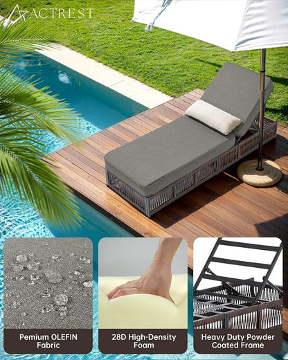 Luxury Outdoor Chaise Lounge Chairs of 4 with 5 Inch Thick Cushions and Side Table - 6 PCS High Back Brown Wicker Rattan Patio Recliners Lounger Furniture Set for Poolside Sunbathing - Grey