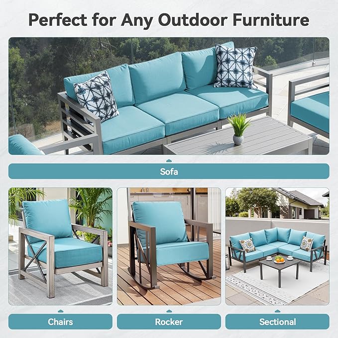 Luxury 6" Outdoor Cushions for Patio Furniture, 24x24x6" Thick Seat Cushion Set of 8, Fade Resistant Couch Chair Replacement Cushions High Density Deep Wicker Chair Cushion w/ Removable Cover, Teal