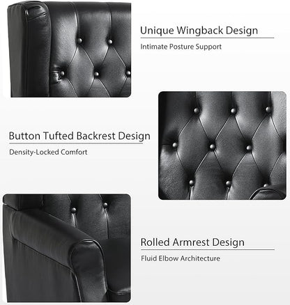 Lumibee High Back Accent Chairs Set of 2,Upholstered Faux Leather Wingback Armchairs with Solid Wood Legs for Small Spaces,Comfy Single Sofa Chairs for Living Room,Bedroom-Carbon Black