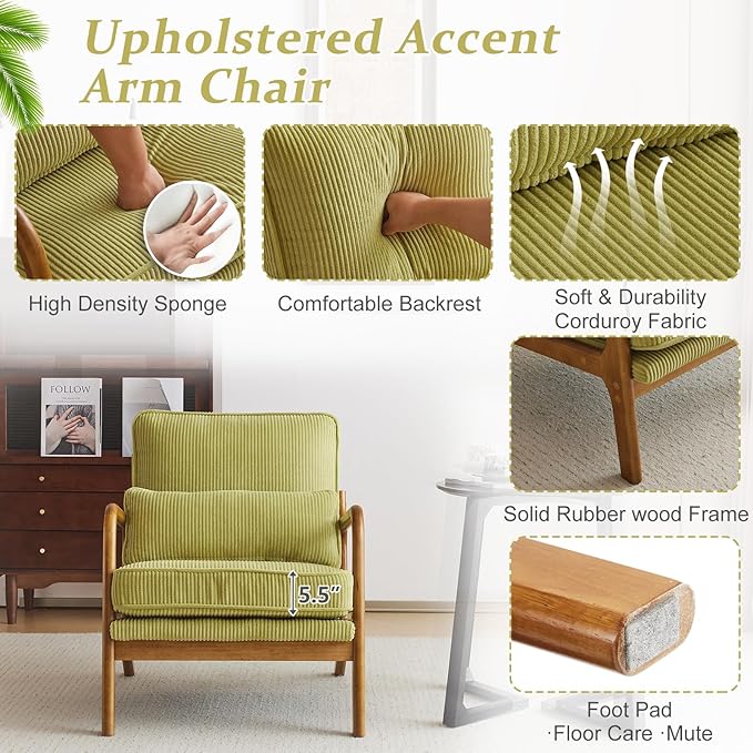 VINGLI Upgraded Premium Corduroy Accent Chairs Set of 2,Upholstered Arm Chair,Solid Wood Comfy Reading Chair with Pillow, Mid Century Modern Chairs for Living Room,Bedroom,Green