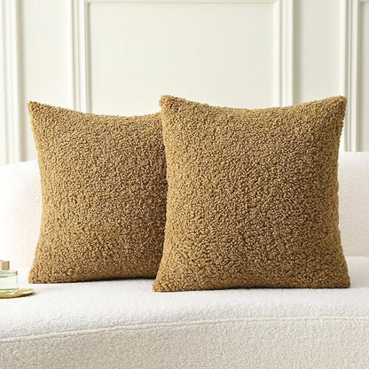 FUTEI Khaki Throw Pillow Covers 18x18 Inch Set of 2,Furry Faux Fur Teddy Boucle Textured Cushion Covers,Soft Fluffy Decorative Pillow Case,Home Decor for Couch Bed Living Room Office Car
