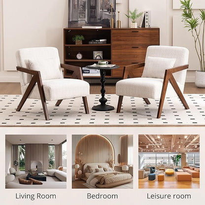 Mid-Century Modern Accent Chair with Solid Wood Frame，Upholstered Chenille Living Room Arm Chairs with Pillow for Bedroom, Living Room, Reading Room, Balcony, Beige