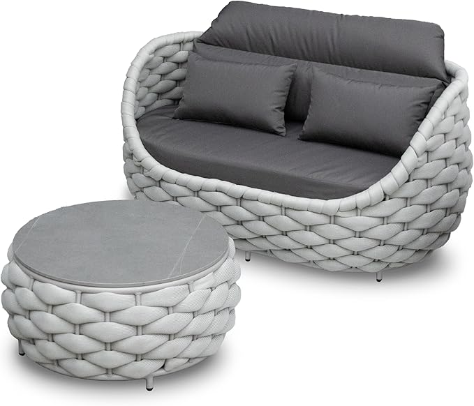 Patio Loveseat with Table: Aluminum Hand Woven Rope 2 Pieces Patio Furniture Set - Cushioned Outdoor Seating Set - Modern Couch Assembled - Metal Lounge Set for Porch Balcony Deck Garden Hotel