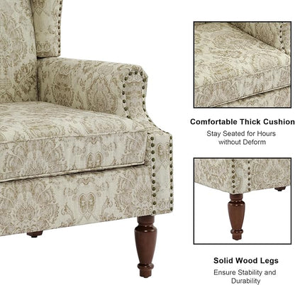 Accent Chair, Upholstered High Back Floral Armchair with Nailhead Trim & Wood Legs, Comfy Wingback Reading Single Sofa Chair for Small Spaces, Living Room, Bedroom ( Light Brown Floral, Set of 2)