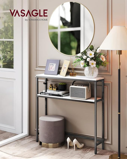 VASAGLE Console Table, 2-Tier Narrow Sofa Table with 2 Shelves, 7.9 x 31.5 x 31.5 Inches, for Living Room, Hallway, Entryway, Marble White and Ink Black ULNT130W59V1