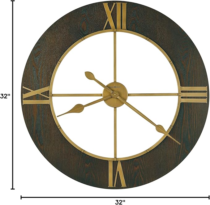 Howard Miller Chasum Gallery Wall Clock, Wall Mount Analog Dial with Golden Roman Numerals Wooden Finish, Battery Powered Classic Round Design Best for Office, Living Room & Home Decor