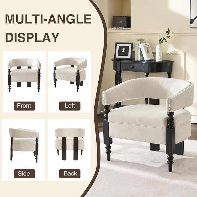 LOULENS Barrel Accent Chairs Set of 2, Vintage Chenille Upholstered Lounge Chair with Solid Wood Legs, Comfy Leisure Side Armchair for Living Room, Bedroom, Reading Nook, Corner, Beige