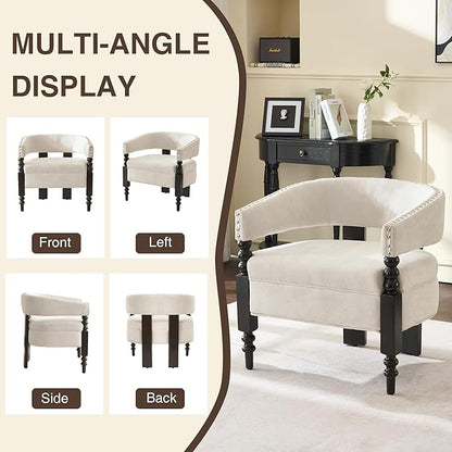 LOULENS Barrel Accent Chair, Vintage Chenille Upholstered Lounge Chair with Solid Wood Legs, Comfy Leisure Side Armchair for Living Room, Bedroom, Reading Nook, Corner, Beige
