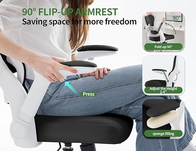 Ergonomic Office Chair - Computer Desk Chair with Adjustable Lumbar Support - 400lbs Executive Desk Chair High Back with Headrest Flip-Up Arms for Long Hours, Rolling Chair (White Black)